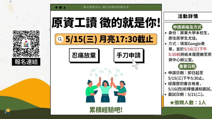 【公告】0515截止|誠徵原資中心工讀生－徵的就是你!!圖片