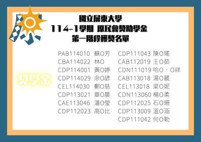 【公告】114-1原民會獎助學金第一階段獲獎名單圖片